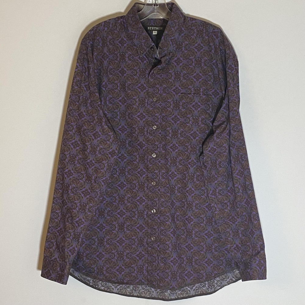 Stetson‎ Shirt Mens XL Brown Purple Paisley Western Cowboy Button Up Long Sleeve